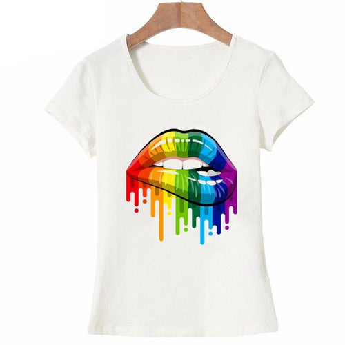 Women Summer Tops Sexy color Lips Painted t shirt round neck