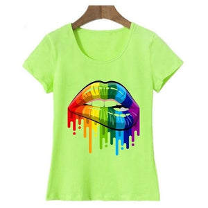 Women Summer Tops Sexy color Lips Painted t shirt round neck