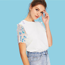 Load image into Gallery viewer, COLROVIE White Contrast Sequin Mesh Sleeve Preppy T-Shirt Tee Summer Sheer Weekend Casual Top Tee Basic Women Clothing