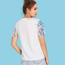 Load image into Gallery viewer, COLROVIE White Contrast Sequin Mesh Sleeve Preppy T-Shirt Tee Summer Sheer Weekend Casual Top Tee Basic Women Clothing