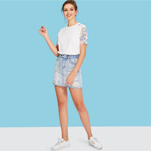 Load image into Gallery viewer, COLROVIE White Contrast Sequin Mesh Sleeve Preppy T-Shirt Tee Summer Sheer Weekend Casual Top Tee Basic Women Clothing