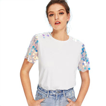 Load image into Gallery viewer, COLROVIE White Contrast Sequin Mesh Sleeve Preppy T-Shirt Tee Summer Sheer Weekend Casual Top Tee Basic Women Clothing