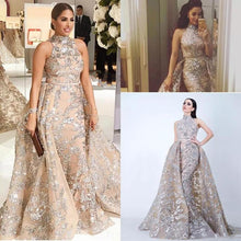 Load image into Gallery viewer, Amazing Sequined Appliques Mermaid Overskirt Evening Gowns 2021 Dubai Arabic Fashion High Neck Prom Gowns Formal Party Dress