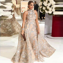 Load image into Gallery viewer, Amazing Sequined Appliques Mermaid Overskirt Evening Gowns 2021 Dubai Arabic Fashion High Neck Prom Gowns Formal Party Dress