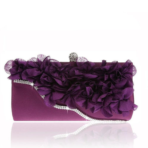 Elegant Women Flower Evening Bag Rhinestone Chain Day Clutch Luxury Ladies Wedding Party Purse Wallet Mini Hand Bag Purple Black