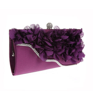 Elegant Women Flower Evening Bag Rhinestone Chain Day Clutch Luxury Ladies Wedding Party Purse Wallet Mini Hand Bag Purple Black