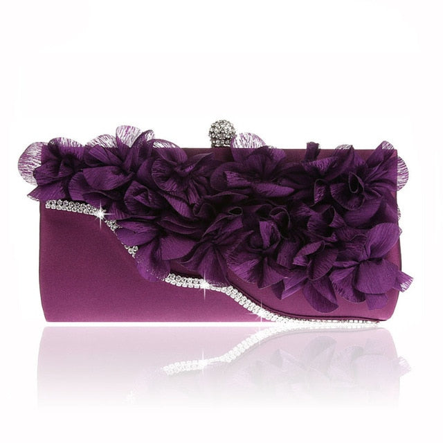 Elegant Women Flower Evening Bag Rhinestone Chain Day Clutch Luxury Ladies Wedding Party Purse Wallet Mini Hand Bag Purple Black