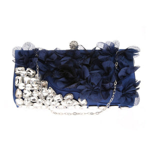 Elegant Women Flower Evening Bag Rhinestone Chain Day Clutch Luxury Ladies Wedding Party Purse Wallet Mini Hand Bag Purple Black