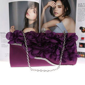 Elegant Women Flower Evening Bag Rhinestone Chain Day Clutch Luxury Ladies Wedding Party Purse Wallet Mini Hand Bag Purple Black