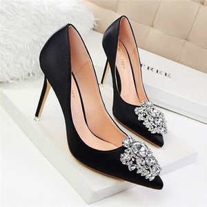 Star Style Sexy Pointed Toe Women Pumps Crystal Solid Silk Shallow High Heels
