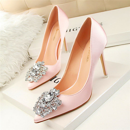 Star Style Sexy Pointed Toe Women Pumps Crystal Solid Silk Shallow High Heels