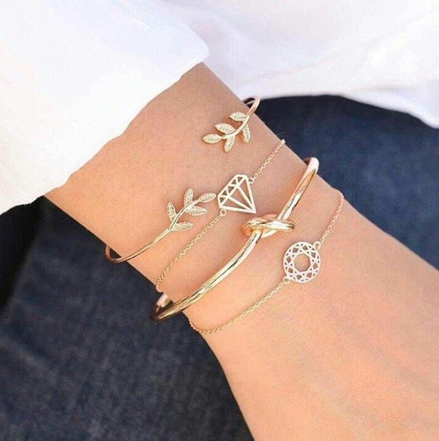 Tocona 4pcs/Set Fashion Bohemia Leaf Knot Hand Cuff Link Chain Charm Bracelet Bangle for Women