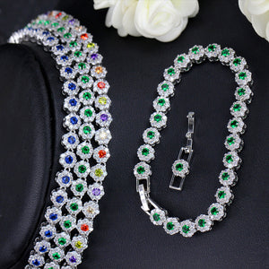 CWWZircons 3 Pcs CZ Green Crystal Bracelet Necklace and Earrings Sets