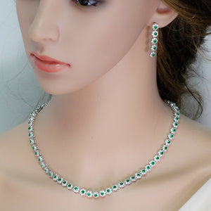 CWWZircons 3 Pcs CZ Green Crystal Bracelet Necklace and Earrings Sets