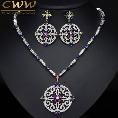 CWWZircons Vintage African Multi Color Cubic Zirconia Wedding Big Long Drop Necklace and Earrings Bridal Jewellery Set T105