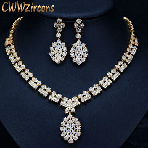 CWWZircons Full African CZ Crystal Bridal Wedding Necklace Earrings Dubai Gold Color Costume Jewelry Sets for Women T106