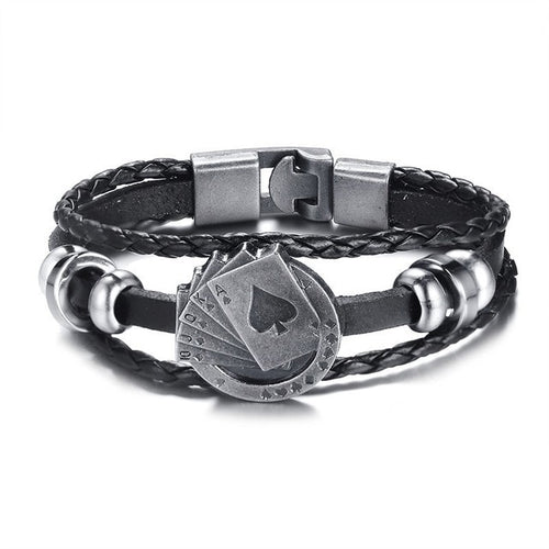 Lucky Vintage Men's Leather Bracelet Playing Cards Raja Vegas Charm Multilayer Braided Women