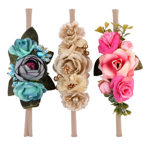 3PCS Baby Girls Artificial Flower Headband Elastic Nylon Ribbon Newborn Headwear Set