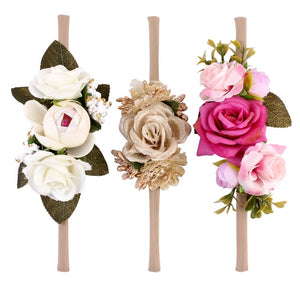 3PCS Baby Girls Artificial Flower Headband Elastic Nylon Ribbon Newborn Headwear Set