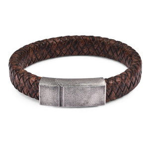 Black/Brown Braided Leather Bracelet Stainless Steel Magnetic