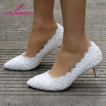 Load image into Gallery viewer, 2 Inches Kitten Heel Girl Dress Shoes White Pink Lace Flower Party Prom Shoes Plus Size 10 Wedding Bridal Shoes Bridesmaid Shoes