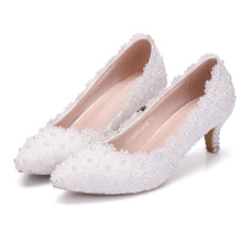 Load image into Gallery viewer, 2 Inches Kitten Heel Girl Dress Shoes White Pink Lace Flower Party Prom Shoes Plus Size 10 Wedding Bridal Shoes Bridesmaid Shoes