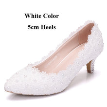 Load image into Gallery viewer, 2 Inches Kitten Heel Girl Dress Shoes White Pink Lace Flower Party Prom Shoes Plus Size 10 Wedding Bridal Shoes Bridesmaid Shoes