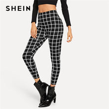 Load image into Gallery viewer, SHEIN Black Wide Waist Plaid Leggings Elegant Office Lady Skinny Women Autumn Workwear Highstreet Minimalist Leggings