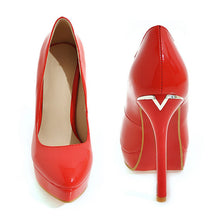 Load image into Gallery viewer, Big Size 48 Elegant Office Women Platform Pumps 12cm Super High Thin Spike Heel Dress Party Pointed Toe Red Patent Leather Pumps