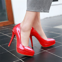 Load image into Gallery viewer, Big Size 48 Elegant Office Women Platform Pumps 12cm Super High Thin Spike Heel Dress Party Pointed Toe Red Patent Leather Pumps