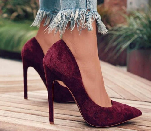 Women Shoes Red Flock Slip-On Shallow Pointed Toe High Heels Pump