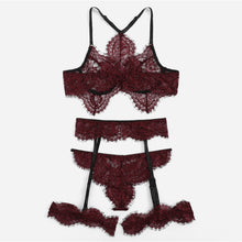 Load image into Gallery viewer, COLROVIE Burgundy Eyelash Lace Garter Floral Lace Intimates Sexy Lingerie Set Underwear Black Women Wireless Transparent Bra Set