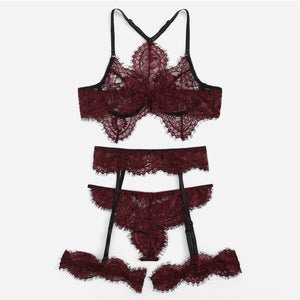 COLROVIE Burgundy Eyelash Lace Garter Floral Lace Intimates Sexy Lingerie Set Underwear Black Women Wireless Transparent Bra Set