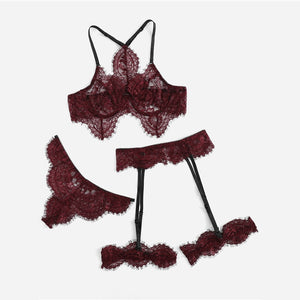 COLROVIE Burgundy Eyelash Lace Garter Floral Lace Intimates Sexy Lingerie Set Underwear Black Women Wireless Transparent Bra Set