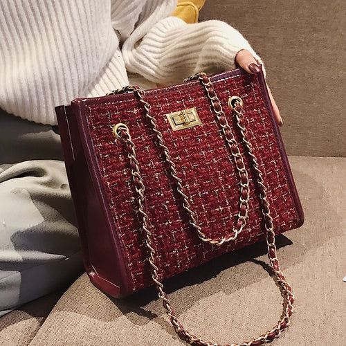 2 bags 2020 Winter Fashion New Ladies Big Tote bag Quality Woolen Women's Designer Handbag Lock Chain Shoulder Messenger bags