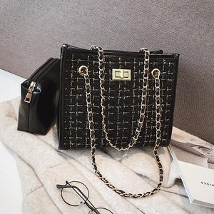 2 bags 2020 Winter Fashion New Ladies Big Tote bag Quality Woolen Women's Designer Handbag Lock Chain Shoulder Messenger bags