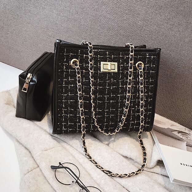 2 bags 2020 Winter Fashion New Ladies Big Tote bag Quality Woolen Women's Designer Handbag Lock Chain Shoulder Messenger bags