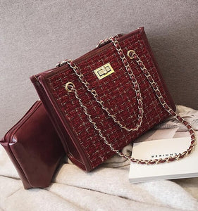 2 bags 2020 Winter Fashion New Ladies Big Tote bag Quality Woolen Women's Designer Handbag Lock Chain Shoulder Messenger bags