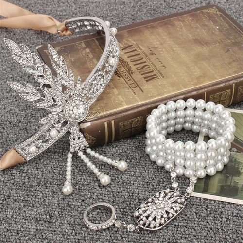 Lesov 2pcs Retro Rhinestone Princess Hair Accessories 1920s Headband Bracelet Ring Set Great Gatsby Headpiece Flapper Headwear