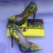 Load image into Gallery viewer, WENZHAN Hot Selling High Heel shoes Snake Printed Leather 12cm women shoes pumps With Matching Clutch Bags Sets 36-42 811-4