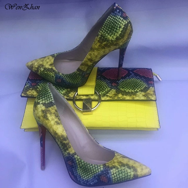 WENZHAN Hot Selling High Heel shoes Snake Printed Leather 12cm women shoes pumps With Matching Clutch Bags Sets 36-42 811-4