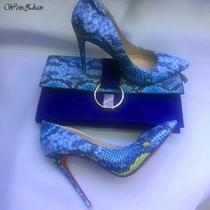 WENZHAN Hot Selling High Heel shoes Snake Printed Leather 12cm women shoes pumps With Matching Clutch Bags Sets 36-42 811-4