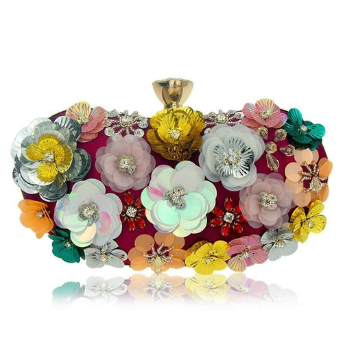 Women Colorful Flowers Bags Rhinestones Pearl  Red Clutch Party Evening Small Purse