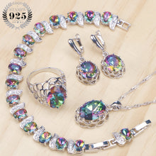 Load image into Gallery viewer, 925 Sterling Silver Women Bridal Jewelry Sets Magic Rainbow Zirconia Earrings Bracelet Pendant Ring Necklace Set Gift Box