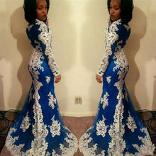 Load image into Gallery viewer, New Arrival African Women Mermaid Prom Gowns Long Sleeves Lace Appliques Aso Ebi Evening Gowns Gala Blue Formal Party Dresses