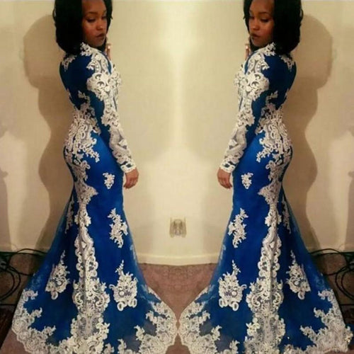 New Arrival African Women Mermaid Prom Gowns Long Sleeves Lace Appliques Aso Ebi Evening Gowns Gala Blue Formal Party Dresses