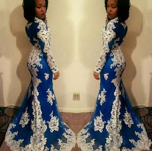 New Arrival African Women Mermaid Prom Gowns Long Sleeves Lace Appliques Aso Ebi Evening Gowns Gala Blue Formal Party Dresses