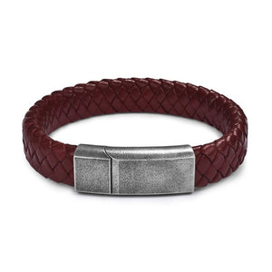 Black/Brown Braided Leather Bracelet Stainless Steel Magnetic