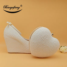 Load image into Gallery viewer, BaoYaFang Womens wedding shoes with matching bags High Wedges Heart purse White/Cream Beads party shoes and bags Buckle Strap