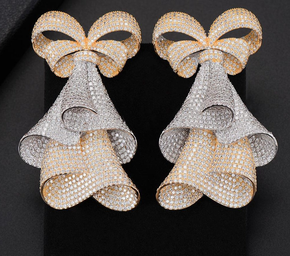 74mm Trendy Luxury Bowknot Nigerian Earrings For Women Wedding Zircon CZ Dubai Bridal Earrings 2018